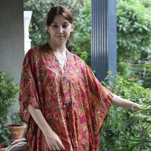 Pure Silk Kaftan Pink-Green Abstract Printed kaftan For Beach Cover Up Night Gown Women Beach Wear Clothing Hand Printed Tunic PS KFN2982