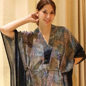Silk Silk Kaftan Gray-Blue Paisley Printed kaftan For Beach Cover Up Night Gown Women Beach Wear Clothing Hand Printed Tunic PS KFN2972