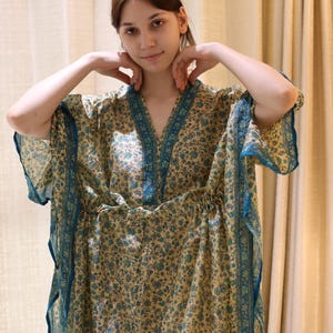 Pure Silk Kaftan Beige and Blue Floral Printed kaftan For Beach Cover Up Night Gown Women Beach Wear Clothing Hand Printed Tunic PS KFN2978