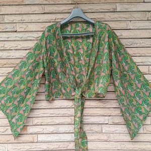 Pure Silk Wrap Top Woman Blouse Boho Crop Tops y2k for Girls Holiday Clothing Paisley Print Green Tie Around Blouses PSW1084