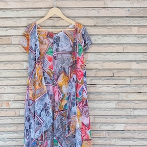 Women Multicolor Vintage Newspaper Print Georgette Dress Boho Asymmetrical Long Dress Unique Art-Inspired Maxi Dress MG1018