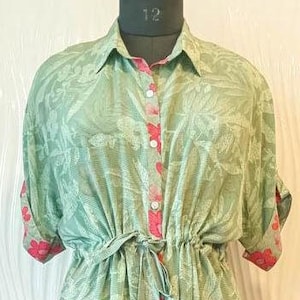 Women & Girls Sage Green Belted Shirt Dress Oversized Boho Floral Midi Dress One-of-a-Kind Button Down Summer Dress MG1067