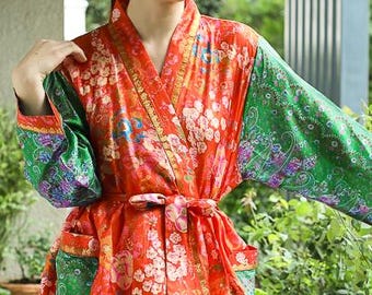 Pure Silk Boho Kimono Jacket /  Vintage Sari Robe / Loungewear Outfit PS KMO5203