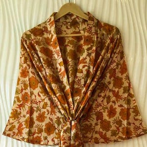 Pure Silk midi kimono Short Beige and Orange Silk kimono robe bohemian dressing gown woman Lounge Wear Luxury gift for wife MKMO1937