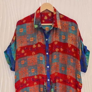 Women Handmade Boho Belted Shirt Dress Red & Blue Vintage Print Midi Dress Oversized Button-Down Tunic MG1133