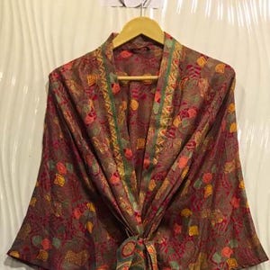 Pure Silk Midi Kimono in Warm Crimson Red & Gold Accents Lightweight Handcrafted Cover-Up Bohemian Elegance MKMO1978
