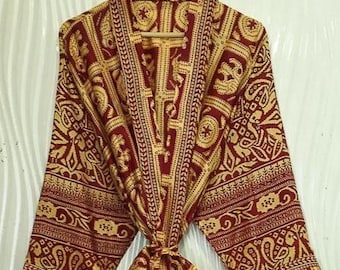 Upcycled Sari Long Robe / Pure Silk Boho Kimono Jacket / Luxury Resort Wear KMO5346