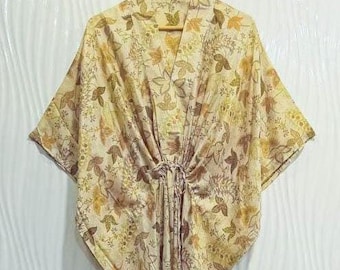 Pure Silk Beautiful Beige & Green Boho Long Kaftan Dress Kaftan Maxi Dress Resort Wear Dress for Women Beach Wear Kaftan Lounge Wear KFN1550