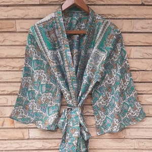 Pure Silk midi kimono White and Green kimono robe women knee length silk dressing gown Lounge Wear Luxury gift for wife MKMO1388