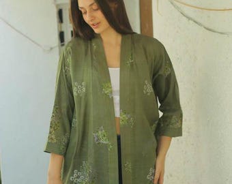 Pure Silk Kimono Duster Vintage Boho olive green base Short Duster Jacket Check Printed Women&#39;s Clothing Coat Front Open Robe PS KMS3037