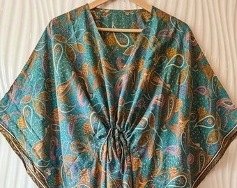 Bohemian Luxe Handcrafted Pure Silk Short Kaftan Top For Girl AND women in Paisley Elegance , Pure Silk Kaftan Tunic Short Tops KFNS1153