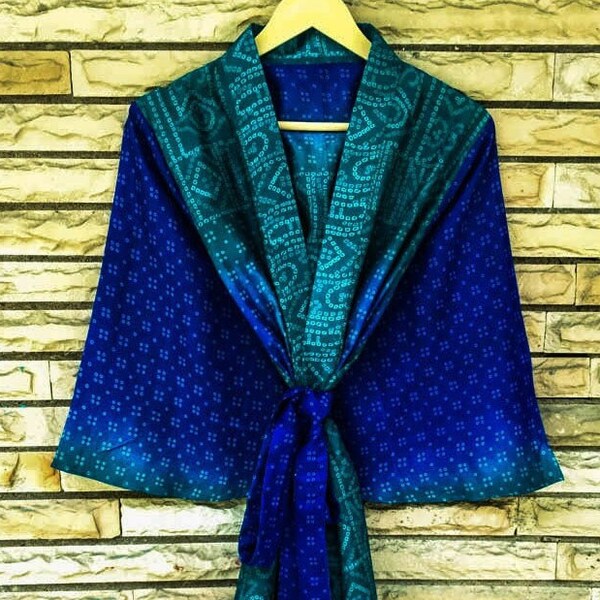 Midi Kimono Pure Silk Robe Gown Night Dressing Robes Boho Cape Jacket Lounge Leisure Wear Evening House Coat Blue Kimonos MKMO1531