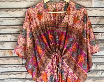 Short Kaftan Style Top for Woman Girls , Pure Silk Kaftan Tunic Short Loose Tops Cover Ups , Handmade Recycled Clothing Purple KFNS1284