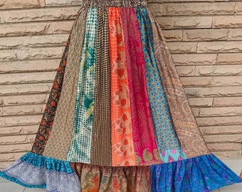Boho Patchwork Silk Maxi Skirt, Recycled Vintage Saree