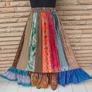 Boho Patchwork Pure Silk Maxi Skirt Multicolor Vintage Recycled Long Skirt Vintage Saree Women&#39;s Clothing Beach Holiday Fun Fancy Skirt