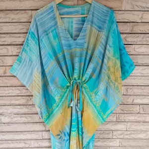 Silk Midi Blue & Green Kaftan Beachy Vibes, Bohemian Chic, Summer Tunic Short Dress Casual Party Holiday Dressing Gift For Her KFNM1151