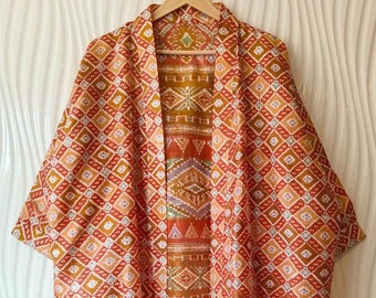 Pure Silk Duster Rust Orange & Green Jacket Handcrafted Boho Duster for Women Cover Up Clothing Coat Front Open Robe KMS2659