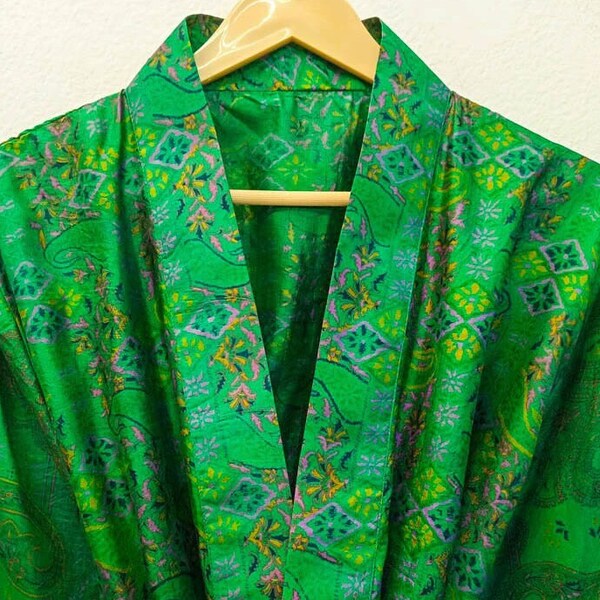 Pure Silk Kimono Saree Fabric Sari Kaftan Night Robe Long Gown Indian Recycled Oriental Robe Bohemian Jacket Japanese Lounge Dress KMO4040