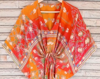Sunset Floral Silk Short Kaftan Top For Girl and Women, Orange Bohemian Design, One Size, Textured Beach Cover Up, Handcrafted Art KFNS1177
