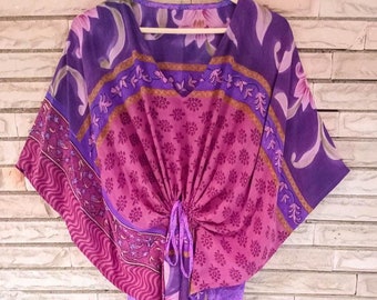 Silk Midi Kaftan Purple Tunic Short Dress Casual Party Holiday Dressing Beach Lounge Wear Gifts For Girls Short Caftan Crepe KFNM1190