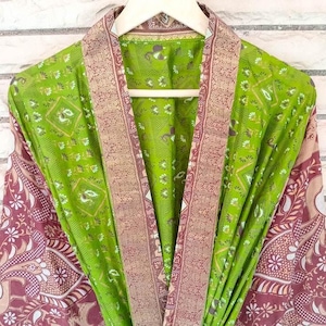 Women Lime Green-Brown Pure Silk Kimono | Bohemian Long Kimono | Handmade Vintage Silk Robe | Boho Kimono Jacket Lounge Dress KMO4452