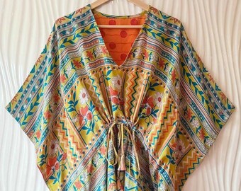 Handmade Short Silk Kaftan in Floral & Tribal Prints Top for Woman Girls ,  Kaftan Tunic Short Loose Tops KFNS1323