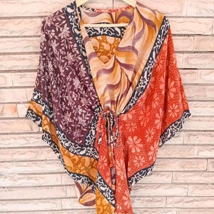 Silk Short Kaftan Top For Girl and Women, Earth Tones, One Size, Bohemian Beach Cover Up, Handcrafted Texture KFNS1178