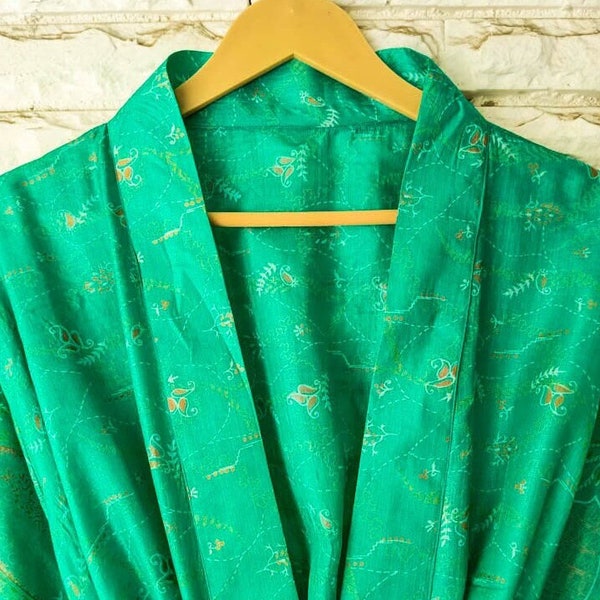 Pure Silk Kimono Saree Fabric Sari Kaftan Night Robe Long Gown Indian Recycled Oriental Robe Bohemian Jacket Japanese Lounge Dress KMO4004