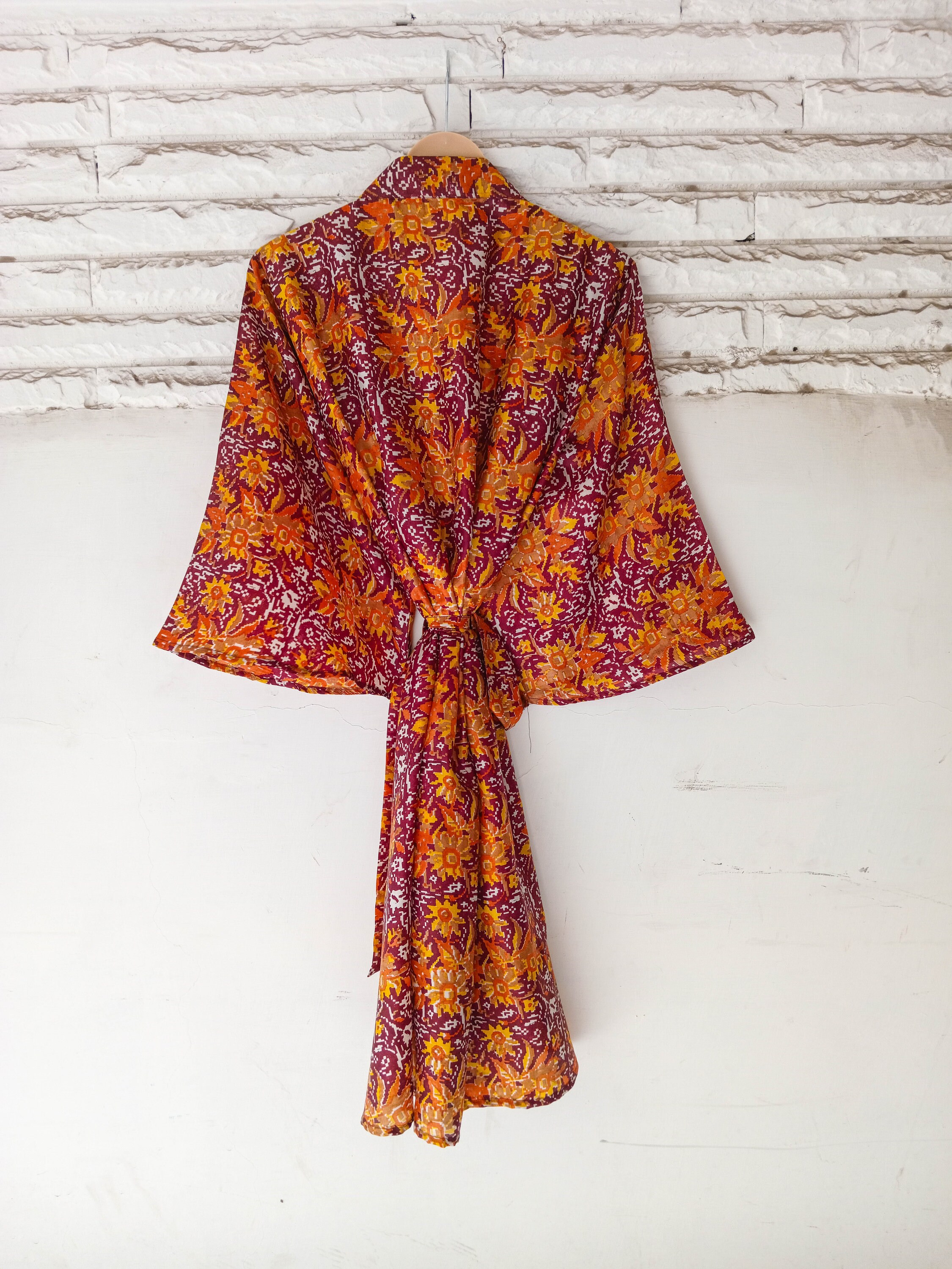 Midi Kimono Pure Silk Robe Gown Night Dressing Robes Boho