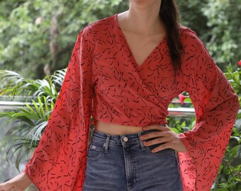 Reine Seide Sari Wickelbluse / Pfirsich Glockenärmel Boho Festival Crop Top PSW1683