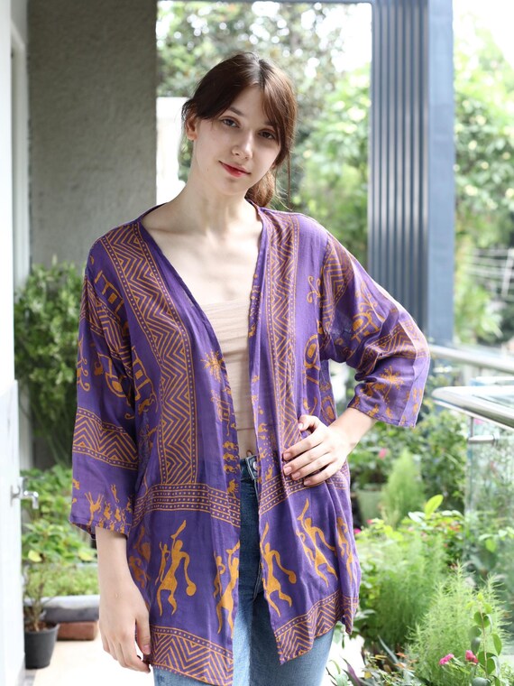 Pure Cotton Kimono Duster Vintage-inspired Boho Purple and Yellow