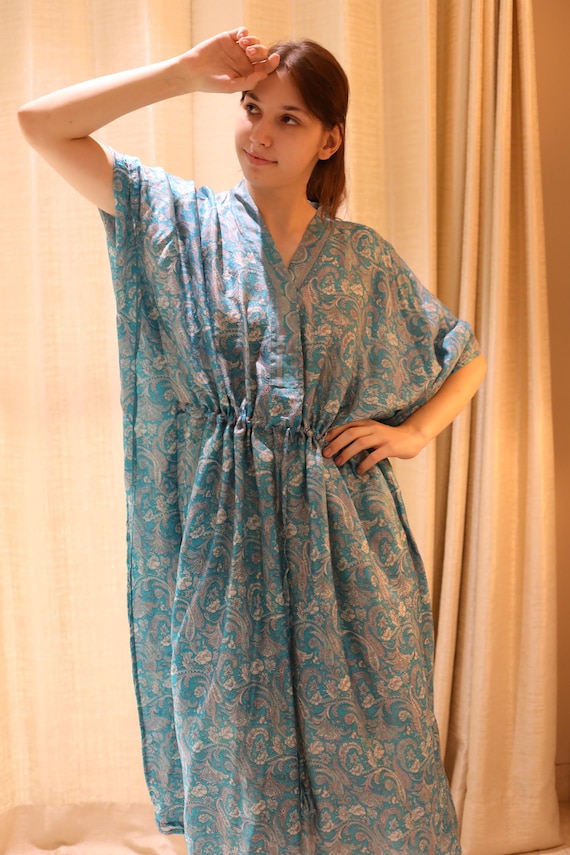 Vestido Kaftan de seda pura azul e branco, vestido feminino Caftan