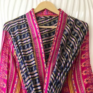 Pure Silk Kimono Women Bohemian Midnight Black One-of-Kind Handcrafted Kimono with Vibrant Accents Long Kimono Robe Open Front Wrap KMO4860