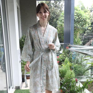 Pure Silk midi kimono Mint Green and Beige kimono robe women knee length silk dressing gown Lounge Wear Luxury gift for wife PS MKMO2154