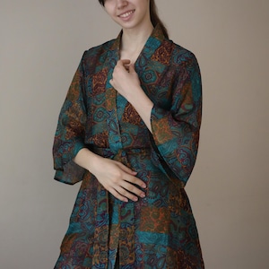 Pure Silk midi kimono boho coverup robe bohemian kimono holiday goddess beachwear flare sleeve  Green & Purple Paisley kimono PS MKMO2094