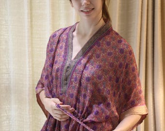 Pure Silk Kaftan Brown-Purple Floral Print Silk kaftan For Beach Cover Up Night Gown Women Beach Wear Clothing Hand Printed Tunic PS KFN2864