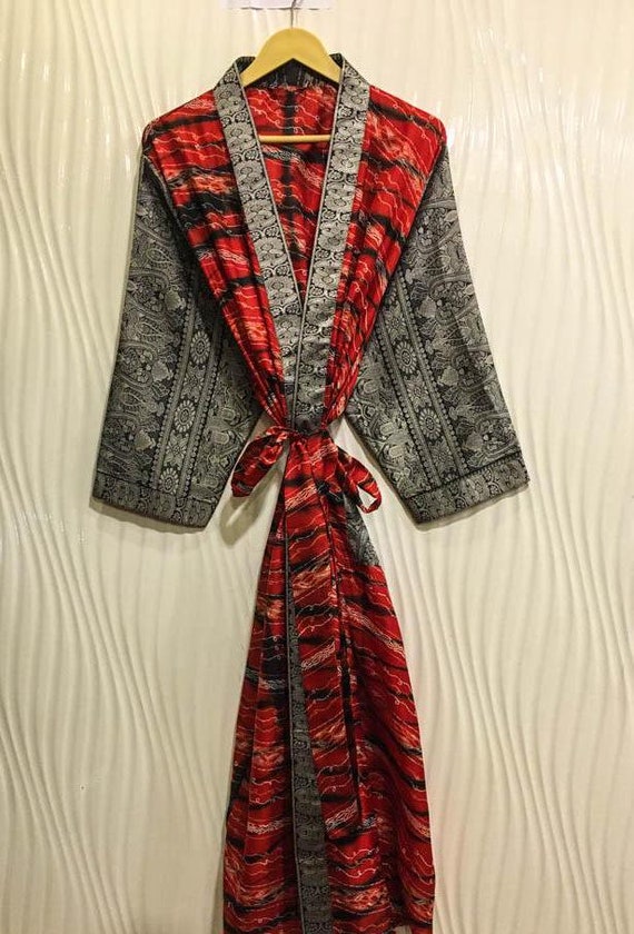 Kimono en soie rouge-noir Kimono bohème fait main Peignoir en