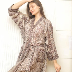 Pure Silk White and Brown Kimono, Handmade Floral Printed Loungewear Dress Long Unisex Robe, Boho Beachwear Robe Gift For Her PS KMO4950