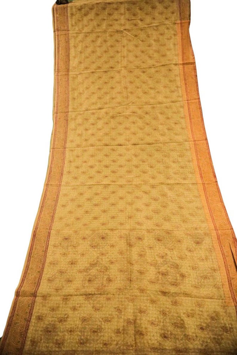 Vintage Indian Cotton Saree India Wedding Dress Wrap Decor Fabric Recycled Long Curtain Drape Sarong Sari Traditional Ethnic Cream PCS1365
