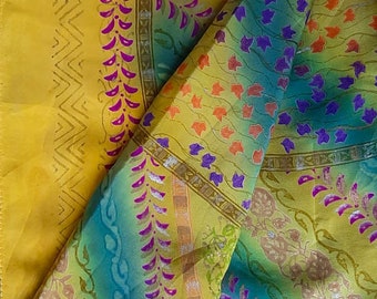 100% Crepe Pure Silk Saree Silk Sari Vintage Indian Printed Fabric Textile Recycled Saree Dress Material  PCSS2393