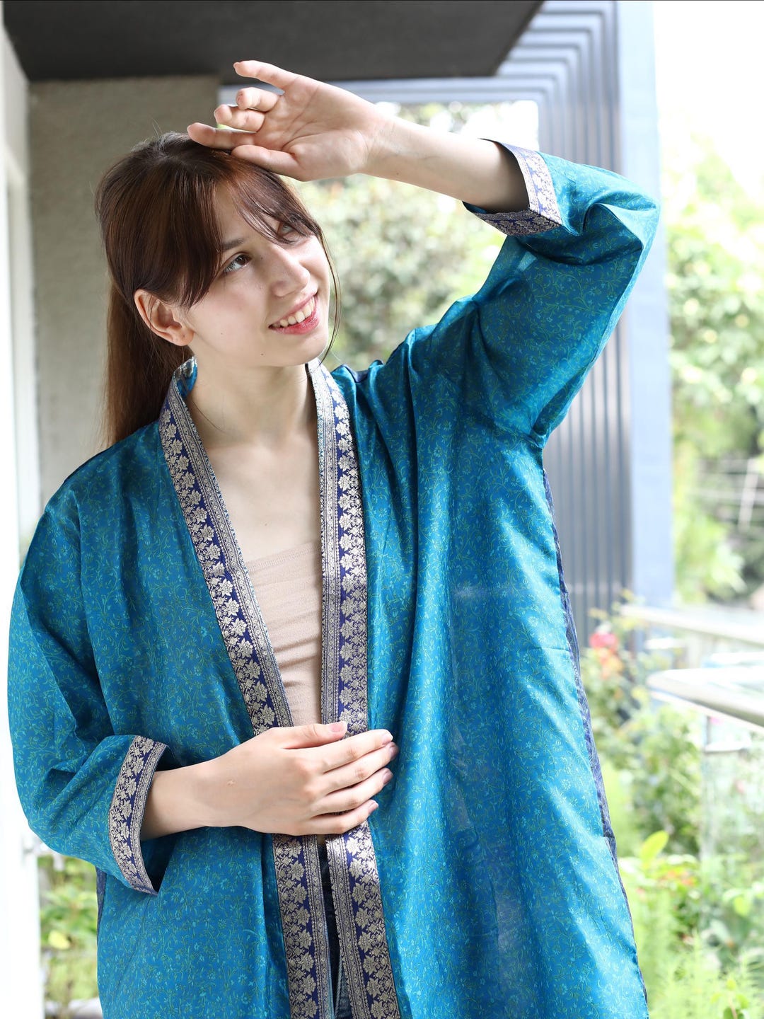 Pure Silk Kimono Duster Vintage-inspired Boho Blue and Green Base