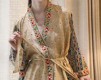 Pure Silk Boho Kimono Jacket / Upcycled Sari Robe / Handmade Loungewear PS KMO5135