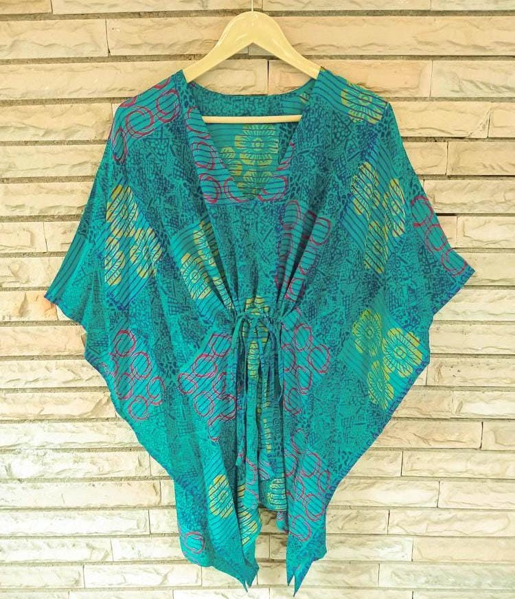 Short Kaftan Style Top for Woman Girls , Pure Silk Kaftan Tunic Short Loose Tops Cover Ups , Handmade Recycled  Clothing  KFNS1303