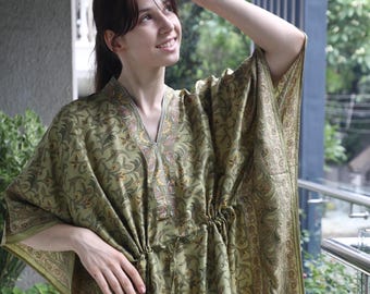 Pure Silk Beautiful Green Boho Long Kaftan Dress Kaftan Maxi Dress Resort Wear Dress for Women Beach Wear Kaftan Lounge Wear PS KFN2842