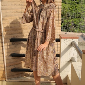 Pure Silk midi kimono Beige kimono robe women knee length silk dressing gown Lounge Wear Luxury gift for wife PS MKMO2041/