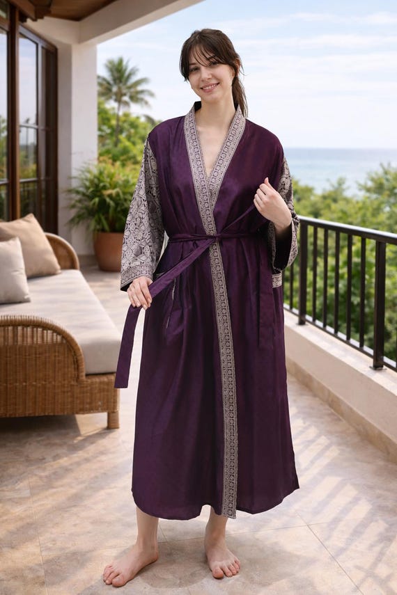 long flowy dressing gown Pure Silk Kimono Robe, Purple Floral Gown, Upcycled Sari, Plus Size formal long chiffon dress