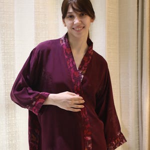 Silk Wine And Pink Kimono Duster Boho Floral Kimono Sleeve Cardigan Jacket Swim Hippie Cover up Front Open Jacket Gift For Her PS KMS3366