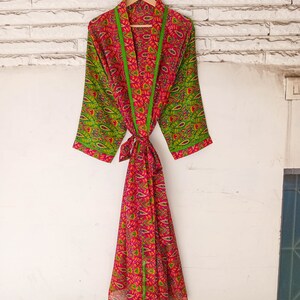 Pure Silk Kimono Saree Fabric Sari Kaftan Night Robe Long Gown Indian Recycled Oriental Robe Bohemian Jacket Japanese Lounge Dress KMO3977