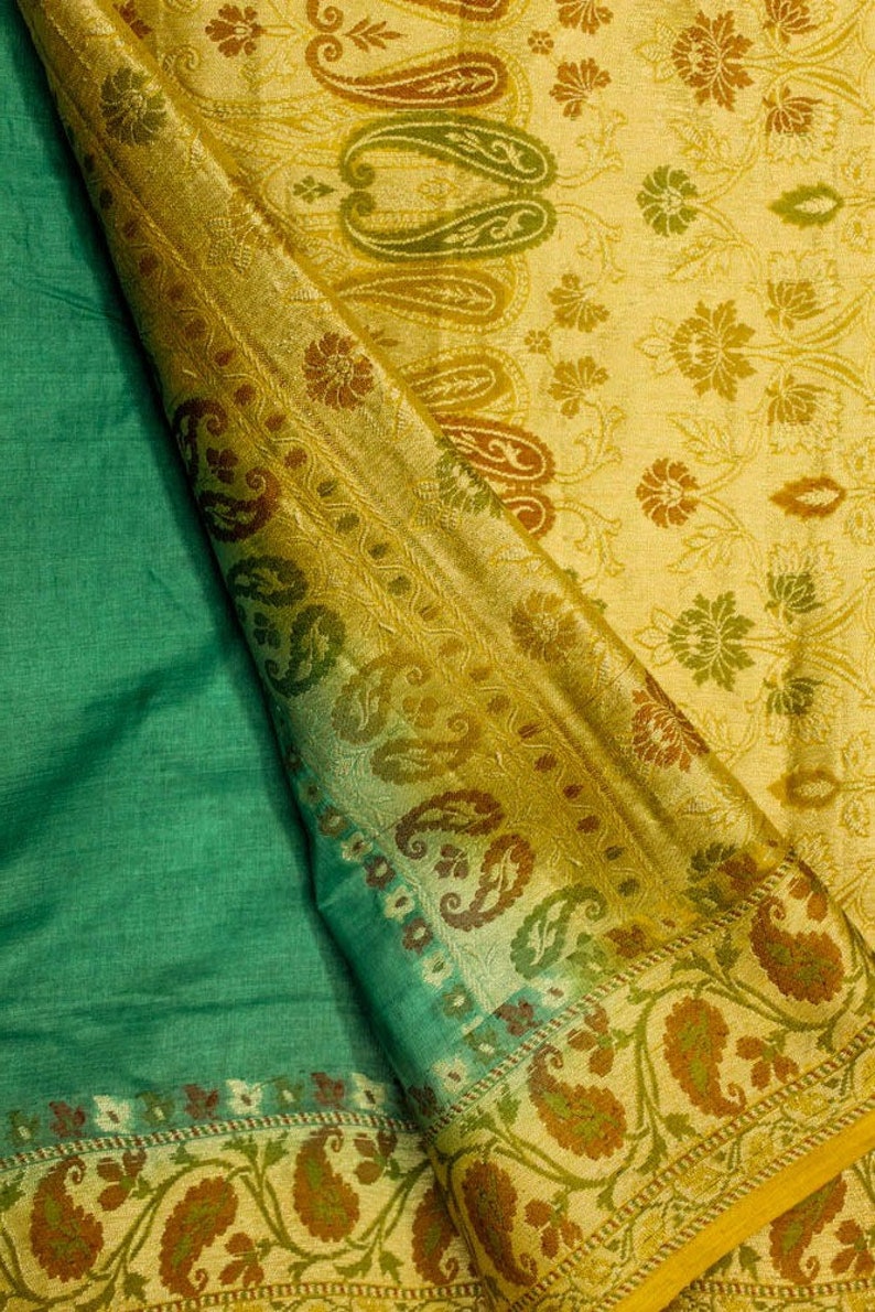 Vintage Pure Tussar Silk Sari Woven Border Handwoven Saree Green and Yellow Handmade Tossor Saree Free Shipping TSS1010
