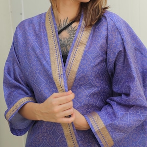 silk short kimono jacket for women kimono robe Blue and Gold Bandhani Print jacket cardigan Cap Coat Front Open Robe Gift for her PS KMS3304